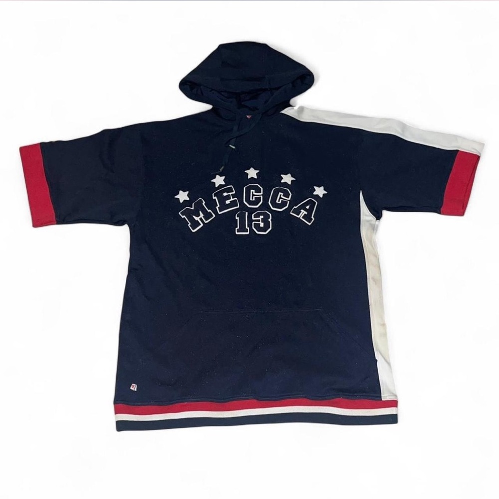 Vintage Mecca Navy blue hooded sweatshirt with red and white stripes and stars